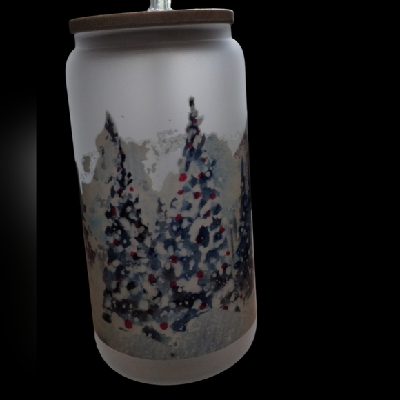 New handmade UVDTF White X-mas - Frosted Glass‎ Cup with Bamboo Lid & Straw - Picture 10 of 10